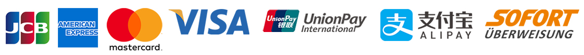 Visa, MasterCard, China UnionPay, Alipay, Wechat Pay, AMEX, Diners, JCB, Sofortbanking, ACH, POLI Payment
