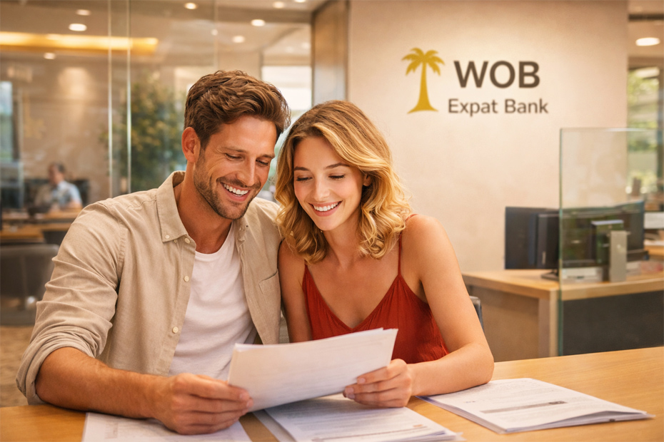 Happy expat couple, inside a bank looking at expat banking documents.