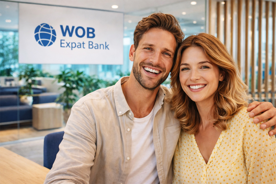 Happy expat couple taking a selfie on the vibrant streets of Madrid, Spain, with historic buildings, outdoor cafes, and bright sunlight in the background.