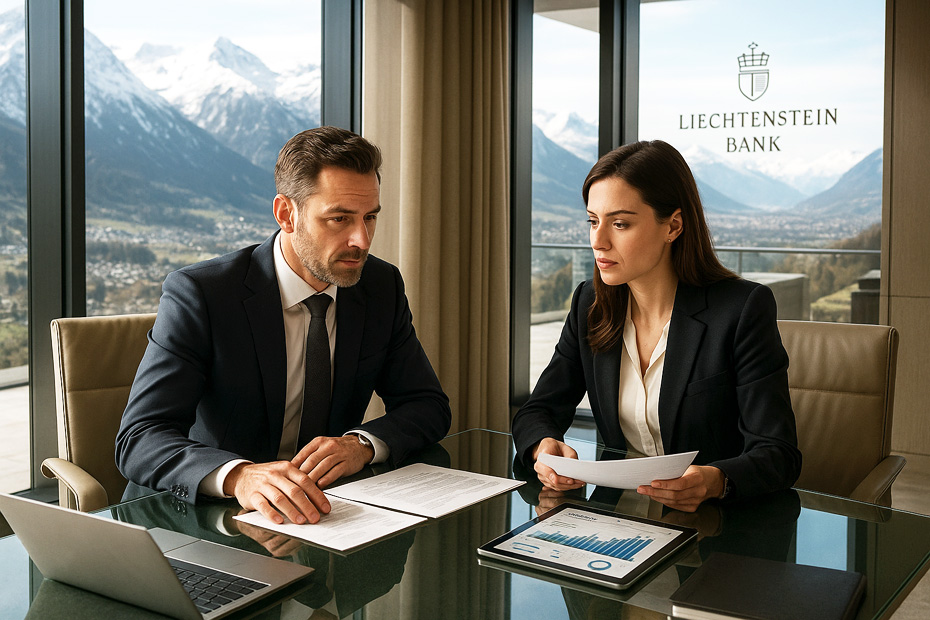 Businessman and women discuss banking in Liechtenstein