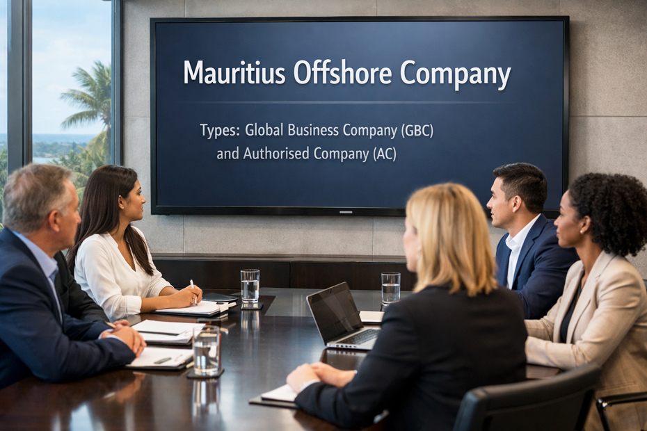 Professional office meeting in Mauritius with diverse business team seated around a conference table, viewing a presentation screen displaying Mauritius Offshore Company with Global Business Company and Authorised Company types in a modern, well-lit boardroom setting.