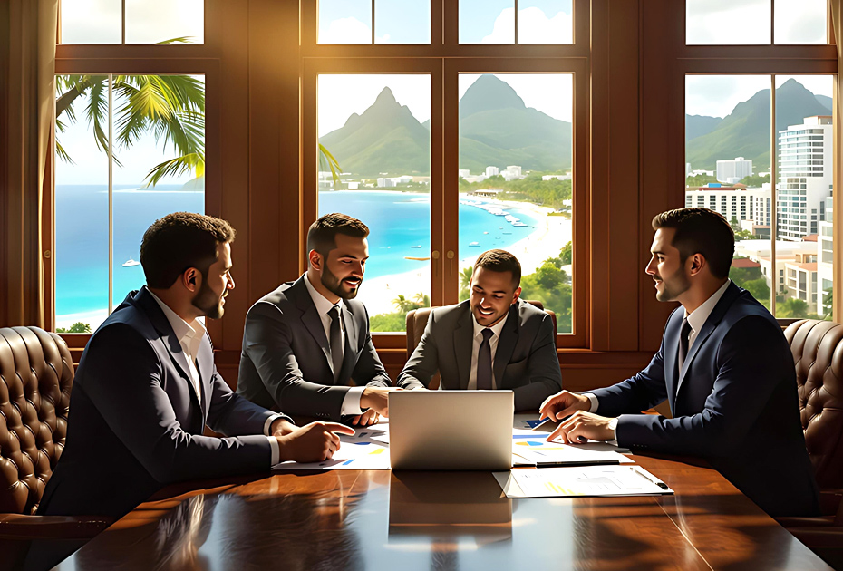 Executives and client discuss banking in Cook Islands” width=