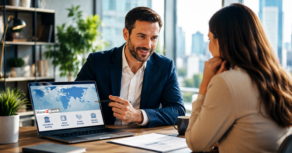 Professional business consultation between two people discussing international banking and financial solutions using a laptop with a global financial map.